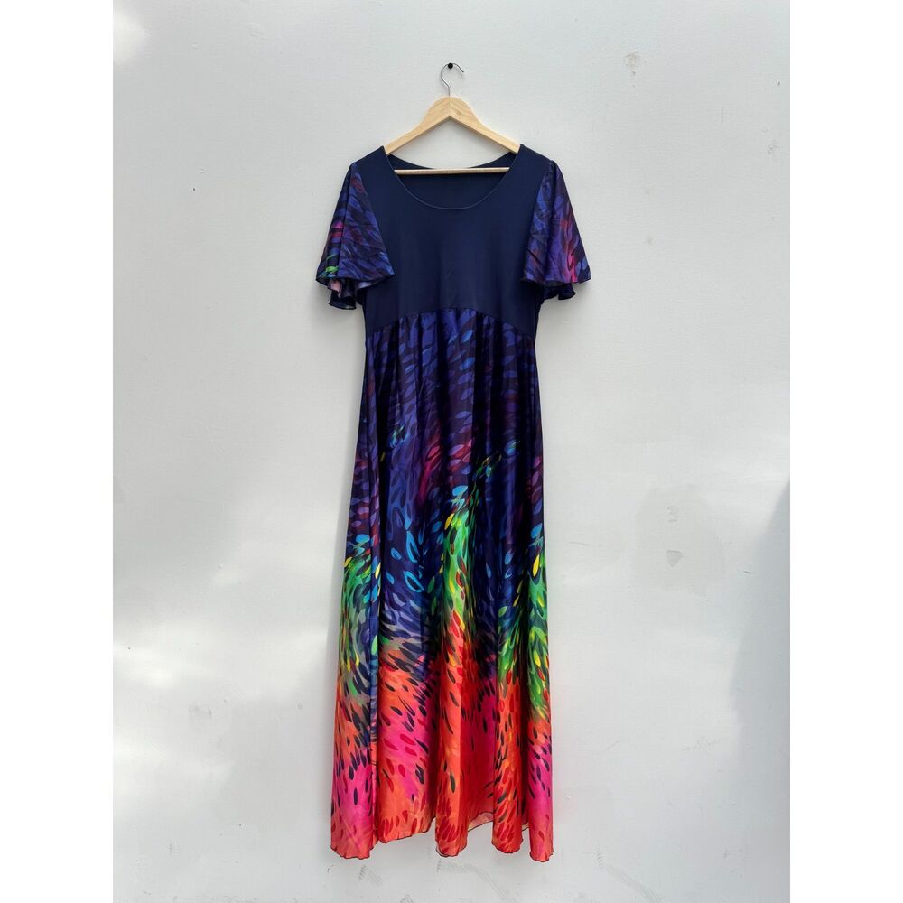 Handmade Ombré Peacock Print Maxi Dress Navy Flutter Sleeve No Tags